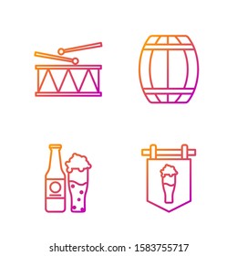 Set line Street signboard with glass of beer, Beer bottle and glass, Musical instrument drum and drum sticks and Wooden barrel. Gradient color icons. Vector