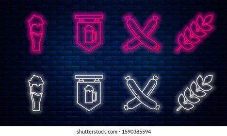 Set line Street signboard with glass of beer, Crossed sausage, Glass of beer and Cereals set with rice, wheat, corn, oats, rye, barley. Glowing neon icon on brick wall. Vector