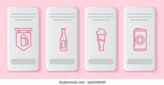 Set line Street signboard with glass of beer, Beer bottle, Glass of beer and Beer can. White rectangle button. Vector