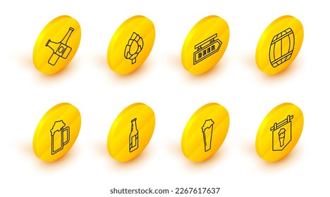 Set line Street signboard with glass of beer, Glass, Beer bottle, Wooden barrel, inscription, Hop and Crossed icon. Vector