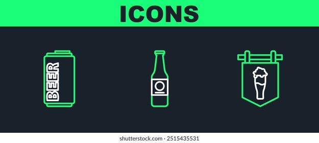 Set line Street signboard with glass of beer, Beer can and bottle icon. Vector