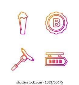 Set line Street signboard with inscription Beer, Sausage on the fork, Glass of beer and Bottle cap with inscription beer. Gradient color icons. Vector