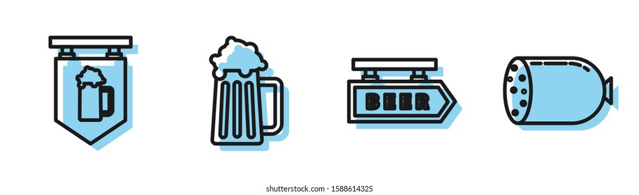 Set line Street signboard with inscription Beer, Street signboard with glass of beer, Wooden beer mug and Salami sausage icon. Vector