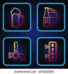 Set line Street signboard with inscription Beer, Beer tap, Glass of beer and Beer bottle and wooden barrel. Gradient color icons. Vector