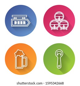 Set line Street signboard with inscription Beer, Wooden barrel on rack with stopcock, Glass of beer and Bottle opener. Color circle button. Vector
