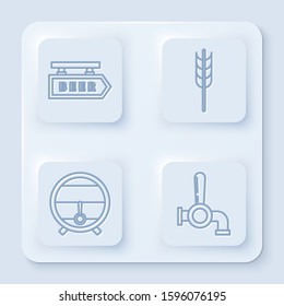 Set line Street signboard with inscription Beer, Cereals set with rice, wheat, corn, oats, rye, barley, Wooden barrel on rack with stopcock and Beer tap. White square button. Vector