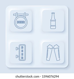 Set line Street signboard with inscription Beer, Beer bottle, Street signboard with inscription Beer and Glass of beer. White square button. Vector