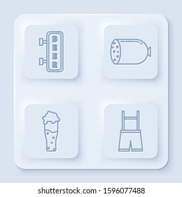 Set line Street signboard with inscription Beer, Salami sausage, Glass of beer and Lederhosen. White square button. Vector