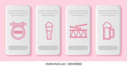 Set line Street signboard with inscription Beer, Glass of beer, Musical instrument drum and drum sticks and Glass of beer. White rectangle button. Vector