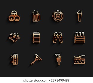 Set line Street signboard with inscription Beer, Sausage the fork, Wooden barrel rack stopcock, Musical instrument trumpet, drum and drum sticks, Metal beer keg, Pack of bottles and Glass icon. Vector