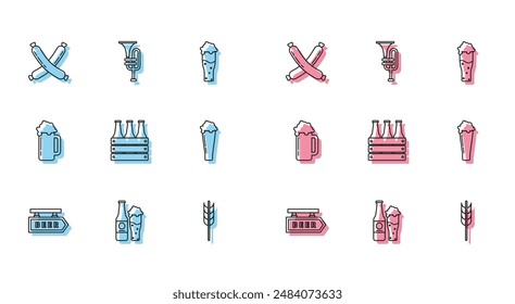 Set line Street signboard with inscription Beer, Crossed sausage, Cereals set rice, wheat, corn, oats, rye, barley, Pack of beer bottles, Glass,  and Musical instrument trumpet icon. Vector