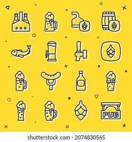 Set line Street signboard with Pub, Glass of beer, Hop, Beer brewing process, tap, Dried fish, Pack bottles and  icon. Vector