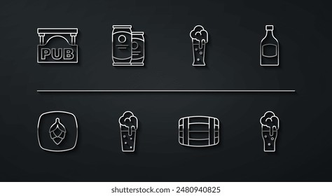 Set line Street signboard with Pub, Hop, Beer bottle, Wooden barrel, Glass of beer, can,  and  icon. Vector