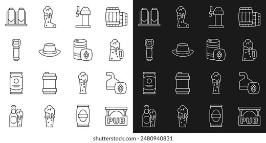 Set line Street signboard with Pub, Beer brewing process, Wooden beer mug, Dispenser, Oktoberfest hat, Bottle opener,  and Metal keg icon. Vector