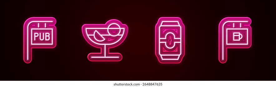 Set line Street signboard with Pub, Cocktail, Beer can and Bar. Glowing neon icon. Vector
