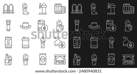 Set line Street signboard with Pub, Beer brewing process, Wooden beer mug, Dispenser, Oktoberfest hat, Bottle opener,  and Metal keg icon. Vector