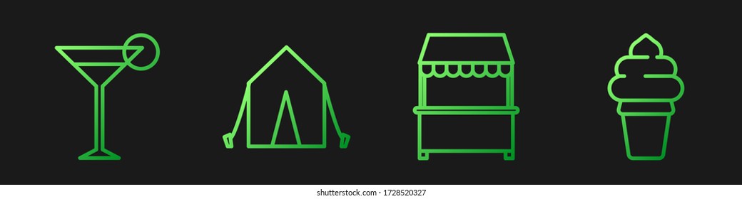 Set line Street stall with awning, Martini glass, Tourist tent and Ice cream in waffle cone. Gradient color icons. Vector
