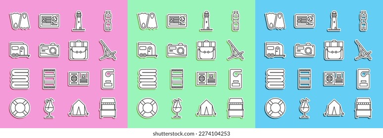 Set line Street stall with awning, Please do not disturb, Sunbed, Lighthouse, Photo camera, Rv Camping trailer, Rubber flippers and Hiking backpack icon. Vector