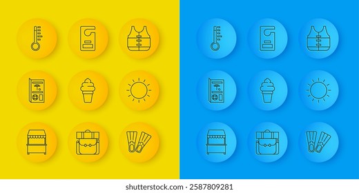 Set line Street stall with awning, Travel brochure, Ice cream waffle cone, Rubber flippers, Sun, Meteorology thermometer, Life jacket and Please do not disturb icon. Vector