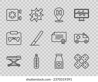 Set line Stretcher, Crossed bandage plaster, Location hospital, Medical thermometer, Emergency - Star of Life, Surgery scalpel, Medicine bottle pills and Ambulance car icon. Vector