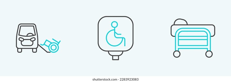 Set line Stretcher, Disabled car and wheelchair icon. Vector