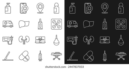 Set line Stretcher, Enema, Pills in blister pack, Location with cross hospital, Human organ liver, Emergency car, Hand sanitizer bottle and Ointment cream tube medicine icon. Vector