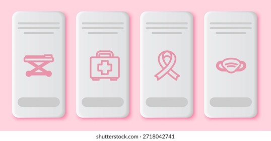 Set line Stretcher, First aid kit, Awareness ribbon and Medical protective mask. White rectangle button. Vector
