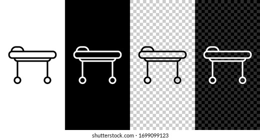Ajuste el icono de Stretcher de línea aislado en fondo blanco y negro. Camisa médica de hospital para pacientes. Ilustración vectorial