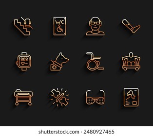 Camilla, Dolor articular, dolor de rodilla, Ascensor para discapacitados, Gafas ciegas, Rayos X, Perro guía, Hombre sin piernas sentado en silla de ruedas y Silla de ruedas icono. Vector