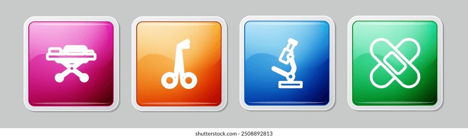 Ajuste a maca, tesoura médica, microscópio e curativo cruzado gesso. Botão quadrado colorido. Vetor