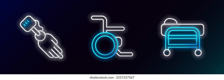 Set line Stretcher, Prosthesis hand and Wheelchair icon. Glowing neon. Vector