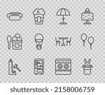 Set line Striker attraction with hammer, Magician hat and rabbit, Sun protective umbrella, Vending machine, Hotdog, air balloon, Shooting gallery and Balloons icon. Vector