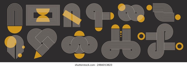 Set of line stripe zen arch and geometric shapes. Trendy boho aesthetic. Vector elements.