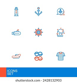Set line Striped sailor t-shirt, Nautical rope knots, Inflatable boat with motor, Tsunami, Submarine, Ship steering wheel, Anchor and  icon. Vector