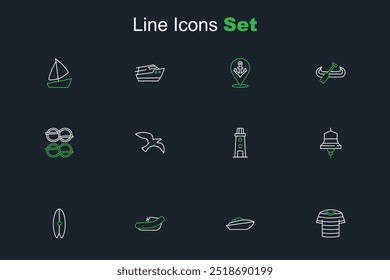 Set line Gestreiftes Segel-T-Shirt, Speedboat, Aufblasbar mit Motor, Surfboard, Schiffglocke, Leuchtturm, Vogelmöwe und Seeseilknoten Symbol. Vektorgrafik