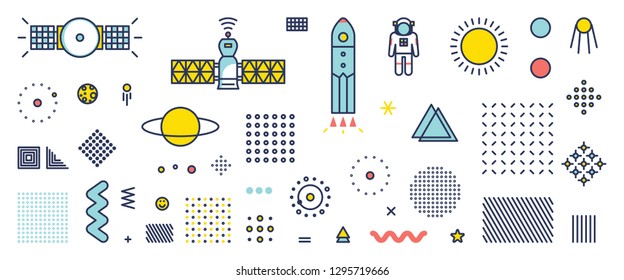 Set of Line Stroke Vector Astronomy and Space Icons. Spaceman, astronaut, solar system, planet, saturn, asteroid.