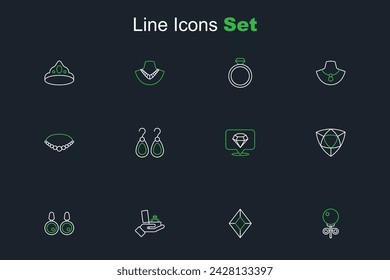 Set line Pendientes, Piedra preciosa, Caja de compromiso de diamantes, Pendientes, y collar de perlas icono. Vector