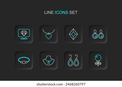 Set line Stud earrings, Earrings, Necklace on mannequin, Bracelet jewelry, Gem stone, with heart shaped and Diamond icon. Vector