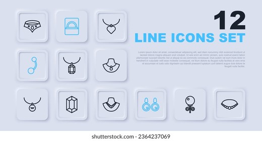 Set line Stud earrings, Pearl necklace, Pendant on, Earrings, Piercing, Gem stone, Diamond engagement box and Necklace mannequin icon. Vector