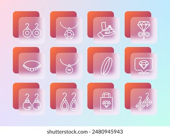 Set line Stud earrings, Earrings, Wedding, Shopping bag jewelry, Locket on necklace, Diamond engagement box,  and Pendant icon. Vector