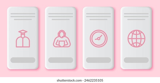 Establecer línea Estudiante, , Reloj y la red social. Botón rectangular blanco. Vector