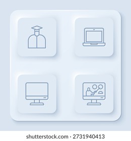 Set line Estudiante, Ordenador Portátil, Pantalla de monitor de ordenador y Educación en línea. Botón cuadrado blanco. Vector