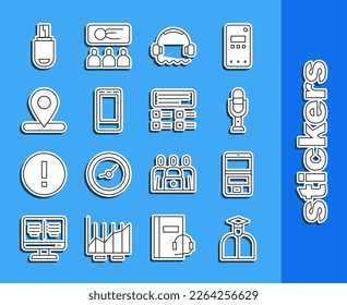 Set line Student, Laptop, Microphone, Headphones, Mobile, Location, USB flash drive and Online quiz, test, survey icon. Vector