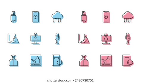 Set line Student, Online education, USB flash drive, Audio book, Video chat conference, Microphone, working laptop and play video icon. Vector
