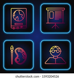 Set line Student, Paint brush with palette, World map on a school blackboard and Presentation financial board with graph, schedule, chart, diagram, infographic, pie graph. Gradient color icons. Vector