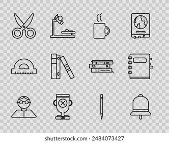 Set line Student, Ringing bell, Coffee cup, Award, Scissors, Office folders with papers and documents, Pencil eraser and Notebook icon. Vector
