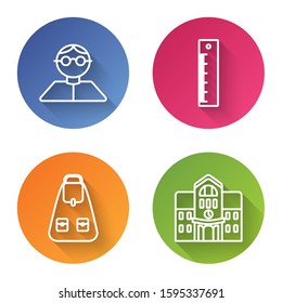 Set line Student, Ruler, School backpack and School building. Color circle button. Vector