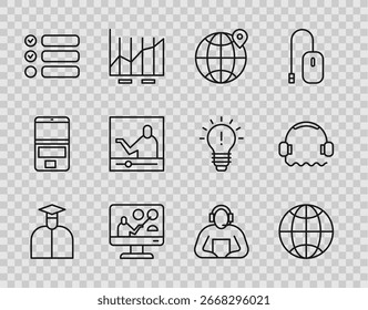 Definir a linha Estudante, Rede social, Local no globo, Educação on-line, Lista de tarefas e ícone de fones de ouvido. Vetor