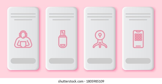 Set line Student, USB flash drive, Web camera and Mobile phone. White rectangle button. Vector