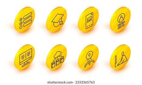 Set line Student working at laptop, Web camera, Cloud online library, Online book monitor, Create account screen, Mobile phone, Graduation cap globe and Task list icon. Vector